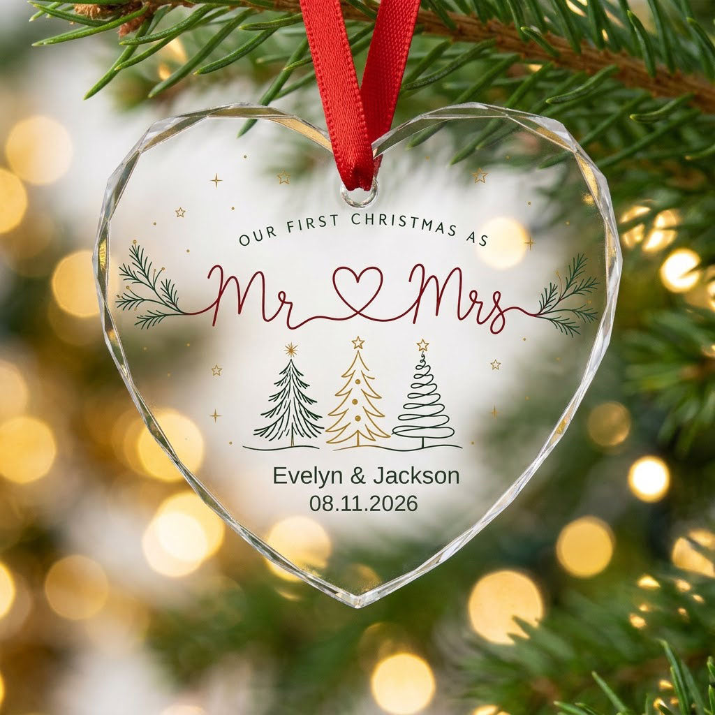 Personalized Our First Christmas as Mr & Mrs Minimalist Trees Heart Glass Ornament