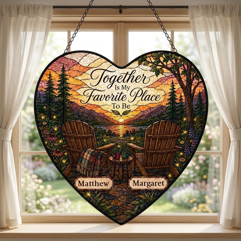 Heart stained glass suncatcher with lake sunset, two chairs, and the words Together Is My Favorite Place To Be.