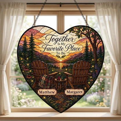 Heart stained glass suncatcher with lake sunset, two chairs, and the words Together Is My Favorite Place To Be.