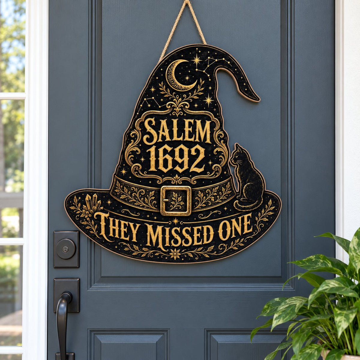 Witch hat-shaped wooden sign with 'SALEM 1692 THEY MISSED ONE', crescent moon, stars, filigree, and a black cat on the b