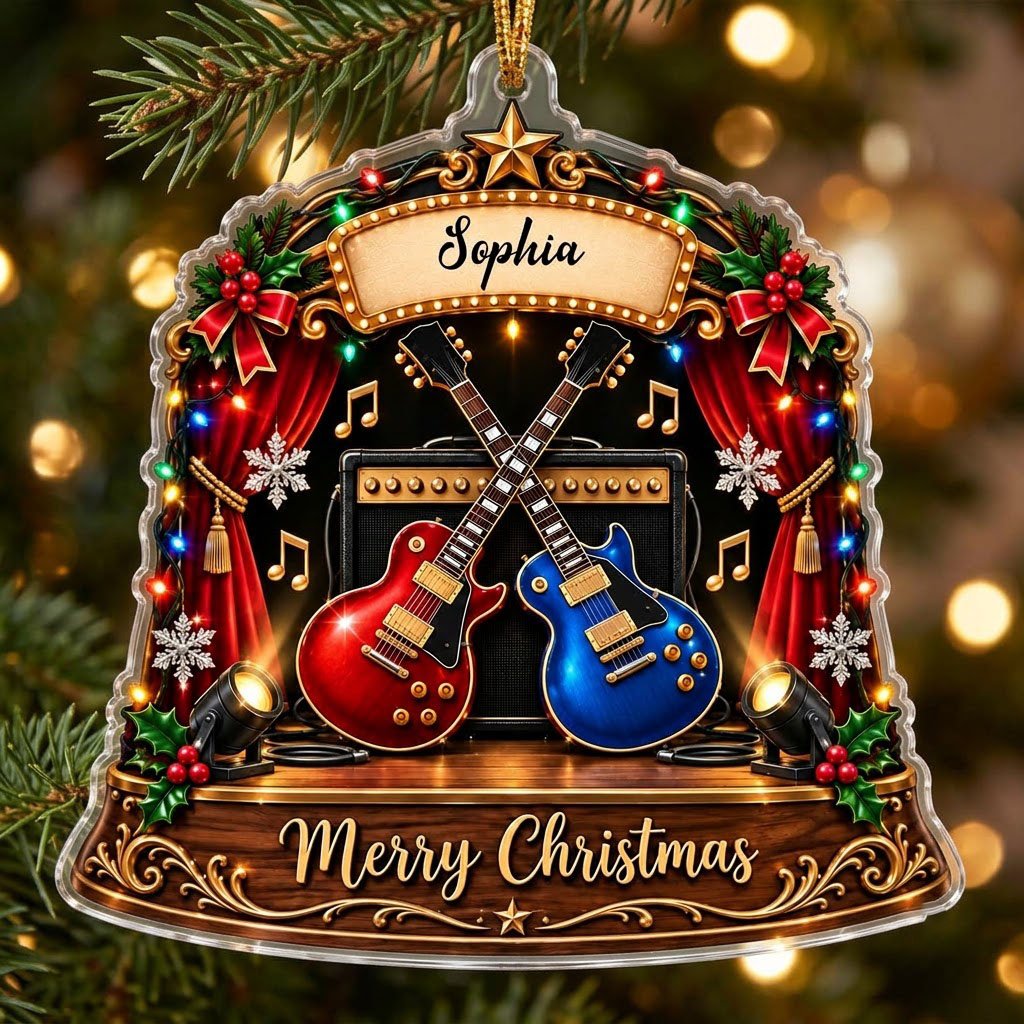 Custom-cut acrylic ornament with crossed red and blue guitars, Merry Christmas marquee, curtains and holly.