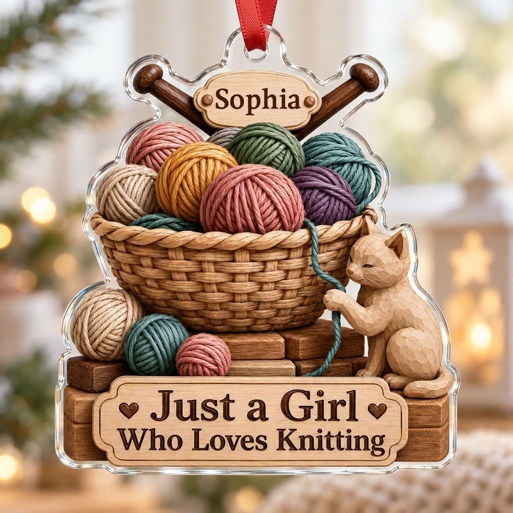 Acrylic ornament shaped around a yarn basket, cat and needles with 'Just a Girl Who Loves Knitting' and a name banner.
