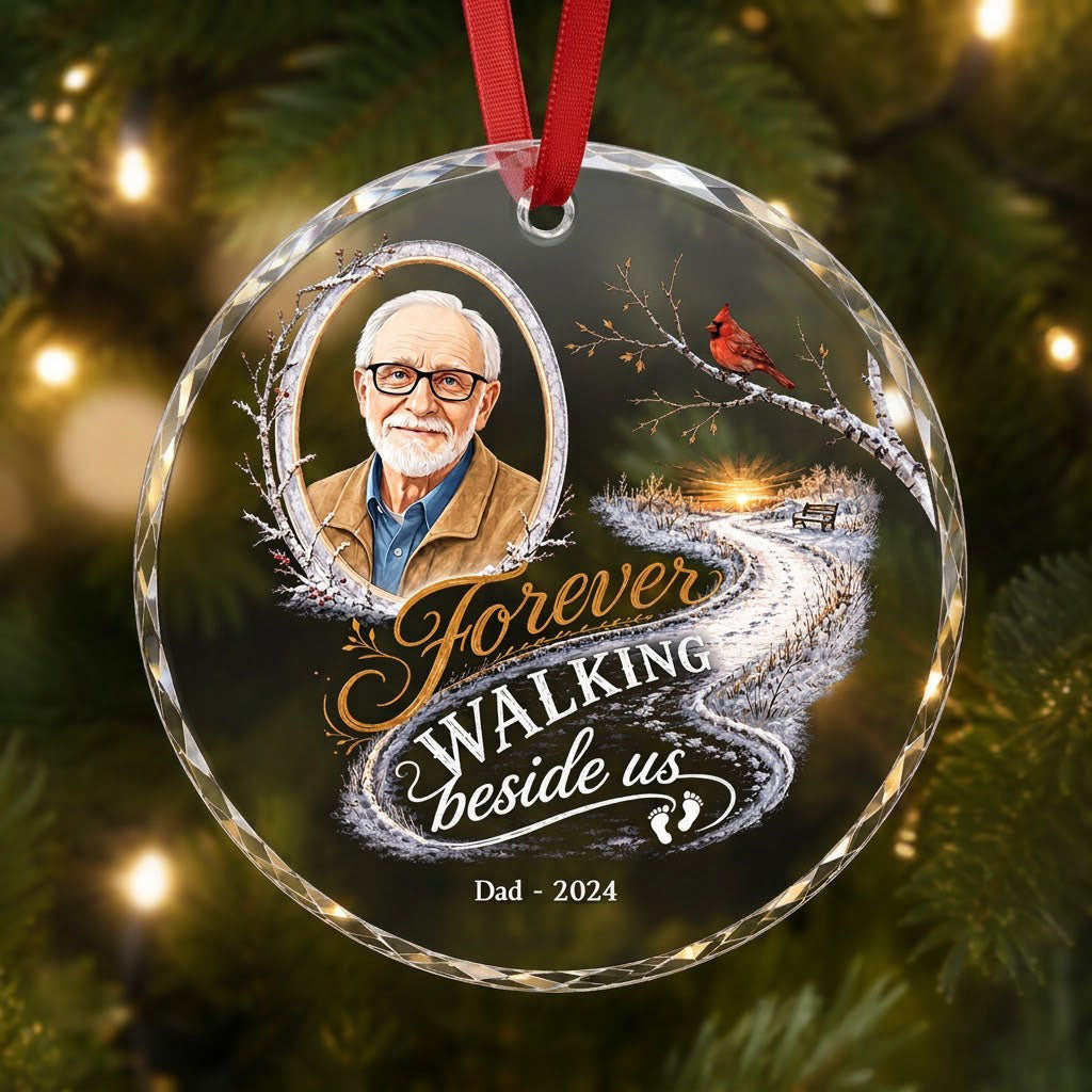 Round glass ornament with birch oval frame, custom photo, red cardinal, winter path and bench, and 'Forever WALKING besi