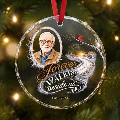 Round glass ornament with birch oval frame, custom photo, red cardinal, winter path and bench, and 'Forever WALKING besi