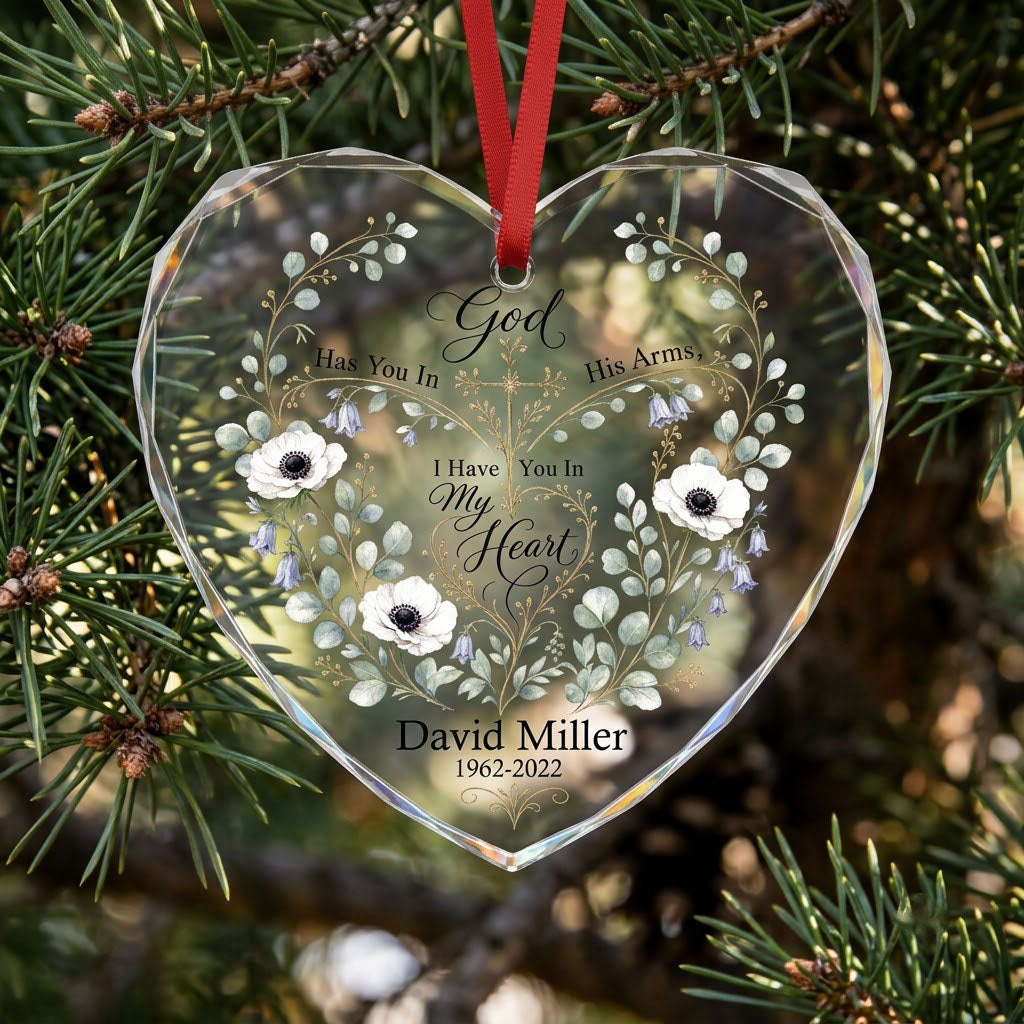 Personalized Botanical Cross Memorial God Has You In His Arms Heart Glass Ornament