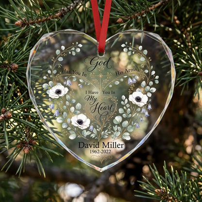 Personalized Botanical Cross Memorial God Has You In His Arms Heart Glass Ornament
