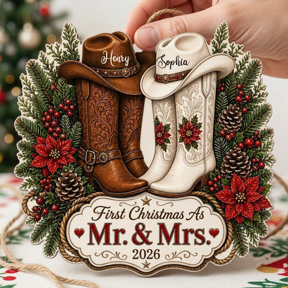 Personalized Western Cowboy Boots First Christmas as Mr & Mrs Wooden Ornament