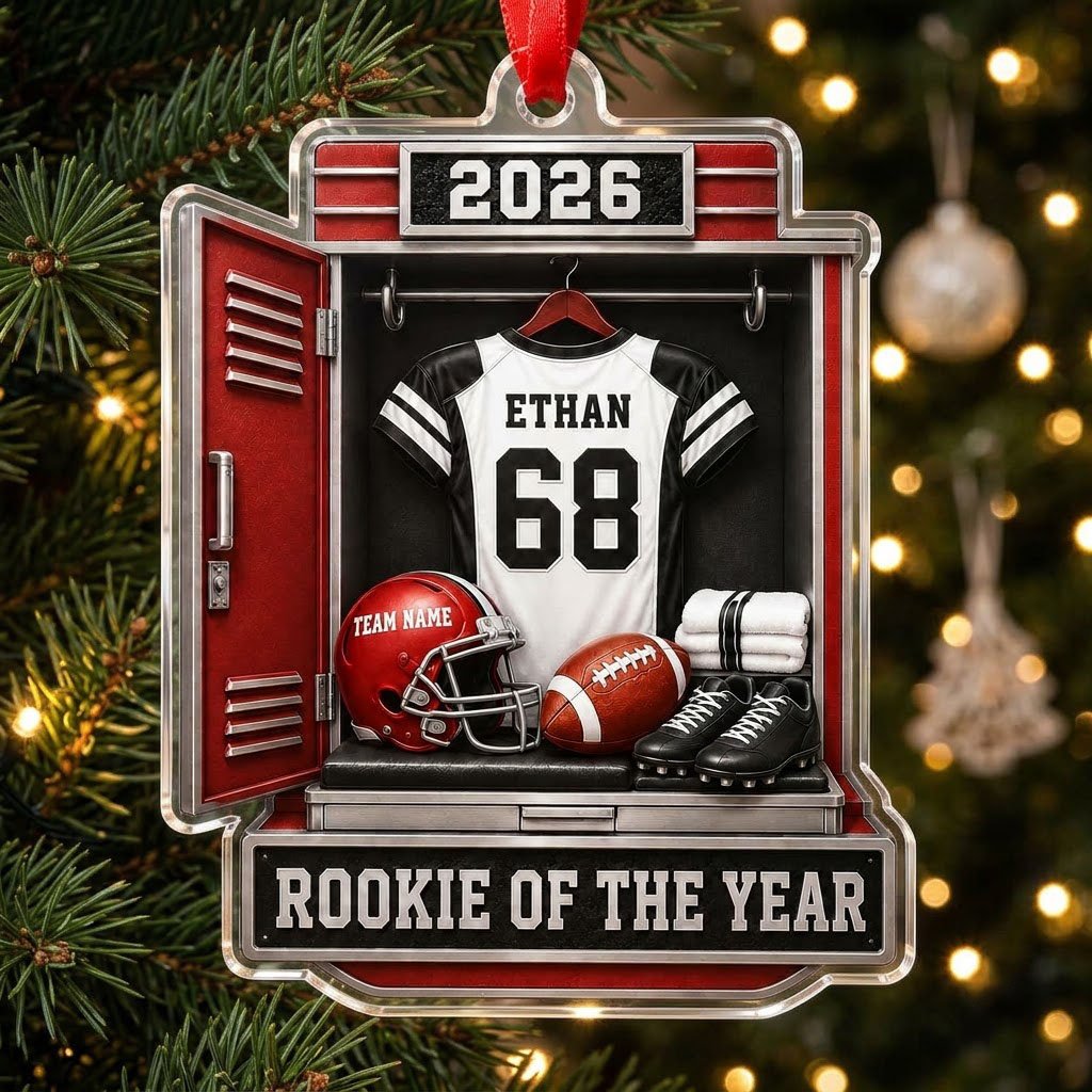 Acrylic ornament shaped like a football locker with jersey, red helmet, ball, towels and ROOKIE OF THE YEAR banner.