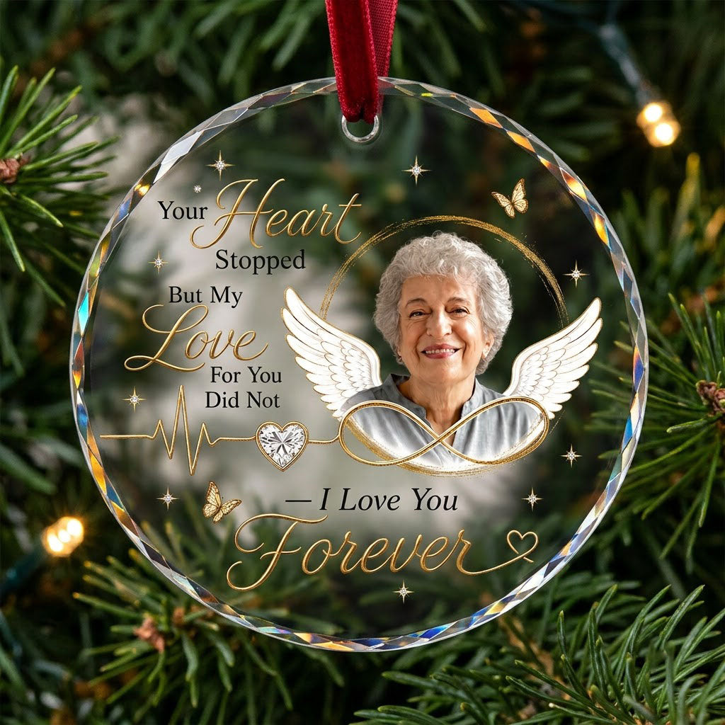 Round ornament with angel wings, photo circle, infinity symbol, heartbeat line to heart, and butterflies.