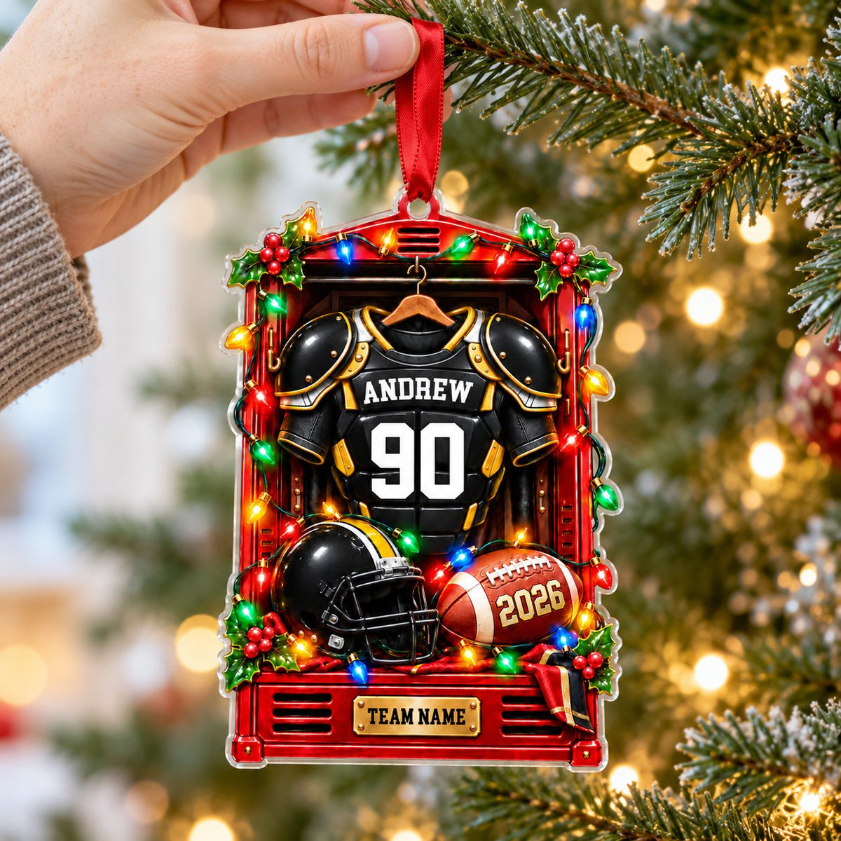 Acrylic ornament of a football locker with black-gold jersey, helmet and lights, personalized with name, number, year an