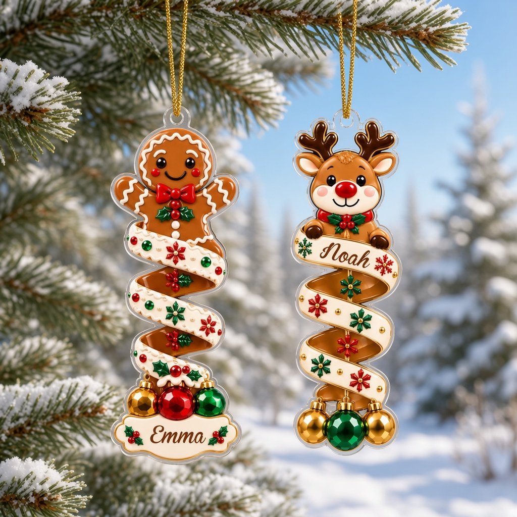 Clear acrylic ornament with elf or reindeer, spiral ribbon body and three dangling baubles, ready to hang on a Christmas