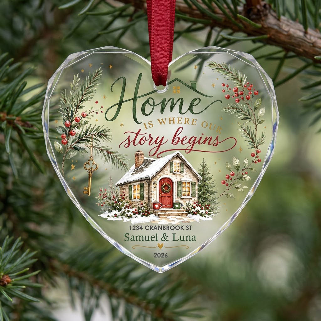 Personalized Home Is Where Our Story Begins Cottage Heart Glass Ornament