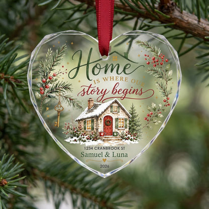 Personalized Home Is Where Our Story Begins Cottage Heart Glass Ornament