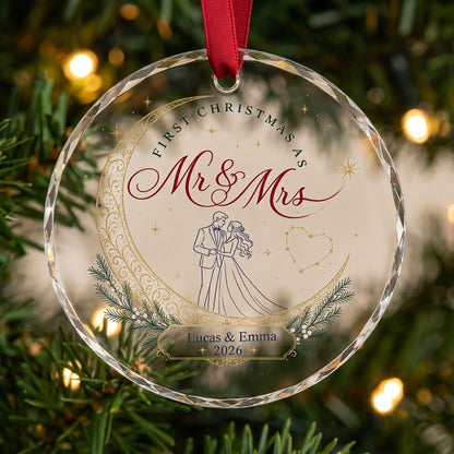 Personalized First Christmas as Mr & Mrs Crescent Moon Round Glass Ornament
