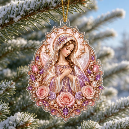 Acrylic ornament of the Virgin Mary with starry halo, pink and purple roses, pearls, gems and gold filigree.