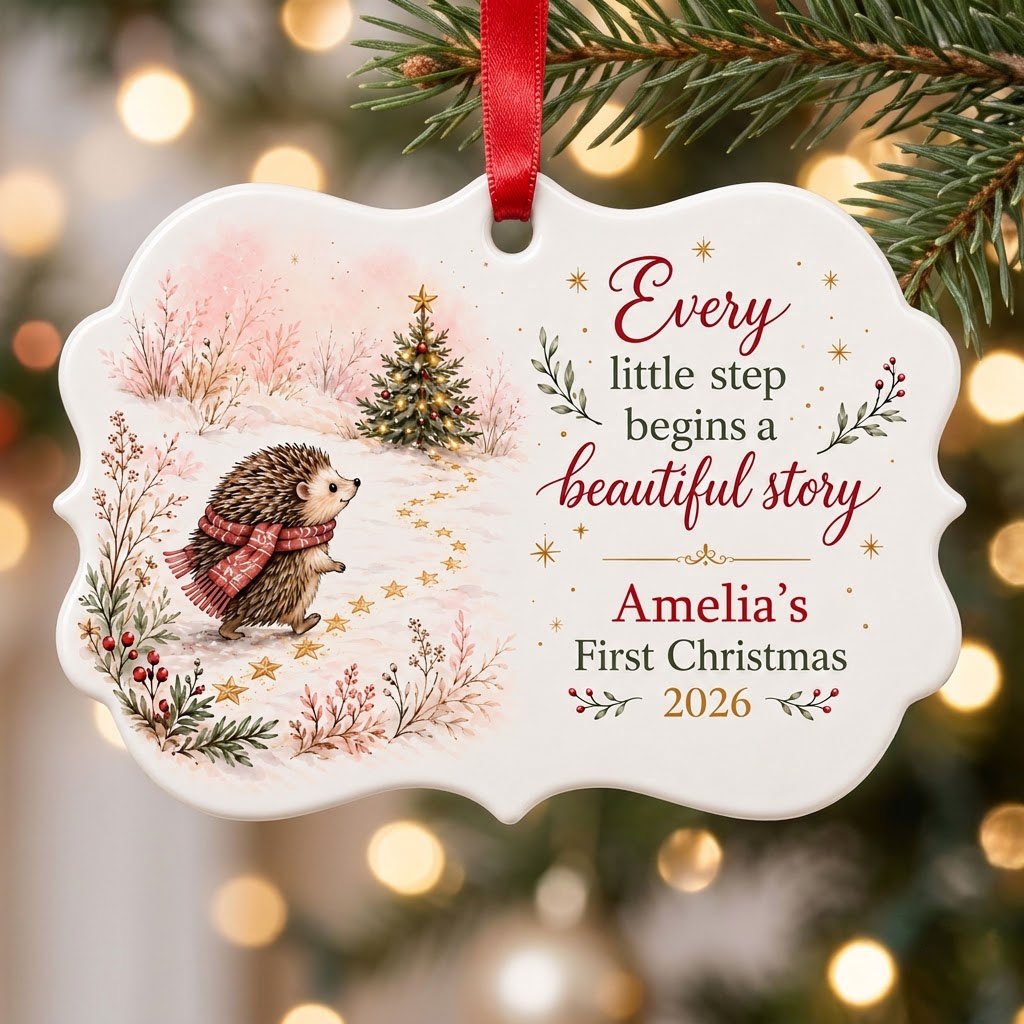 Scalloped ceramic ornament with hedgehog in red plaid scarf walking toward a decorated Christmas tree in the snow.