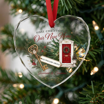 Personalized First Christmas in Our New Home Key Front Door Heart Glass Ornament