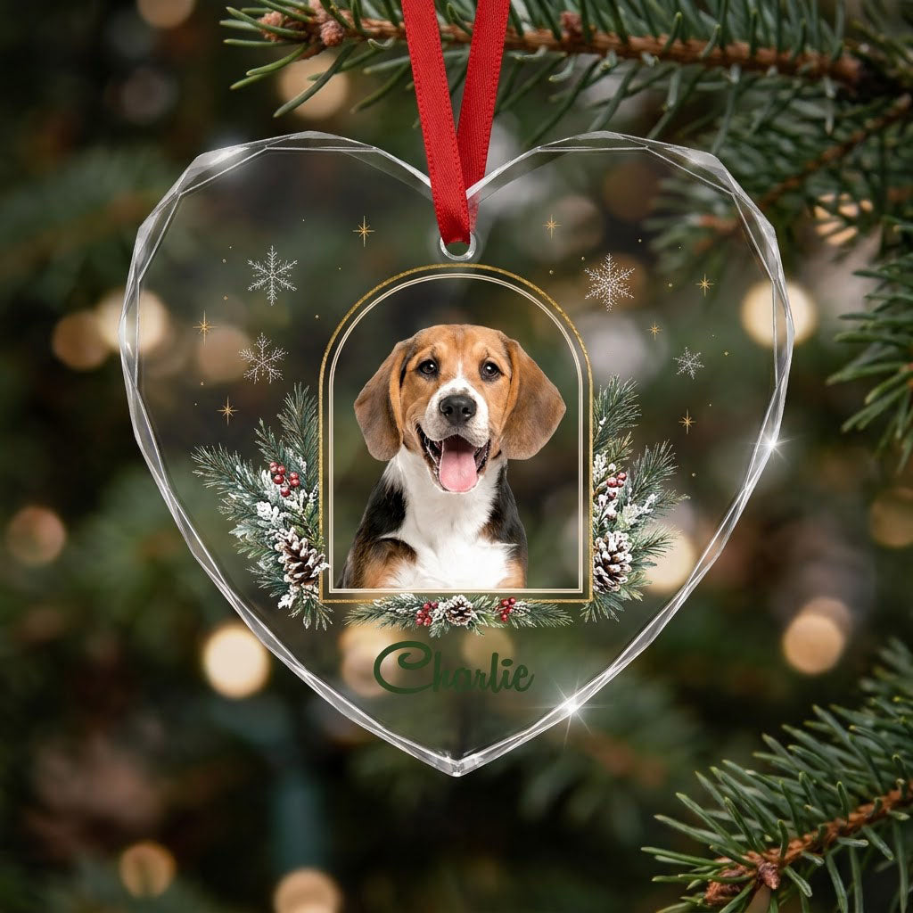 Personalized Dog Photo Holiday Arch Heart Glass Ornament