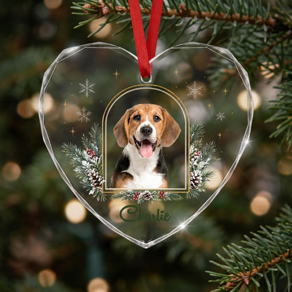 Personalized Dog Photo Holiday Arch Heart Glass Ornament