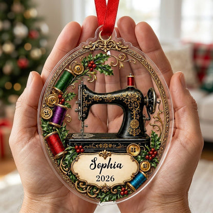 Personalized Vintage Sewing Machine Acrylic Ornament, Custom Quilter Seamstress Holiday Keepsake