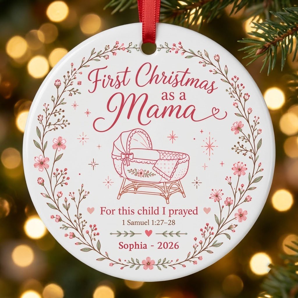 Round ceramic ornament with pink floral wreath, baby bassinet line art, stars, and First Christmas as a Mama.