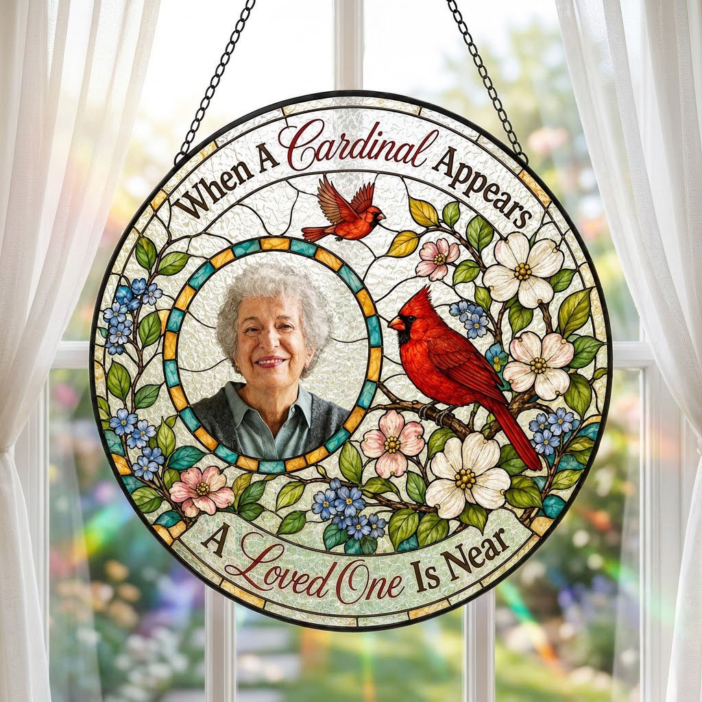 Round faux stained-glass suncatcher with two red cardinals, dogwood flowers, and a left-side circular photo frame.