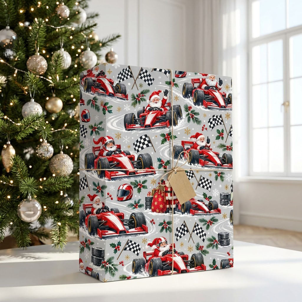 Light grey wrapping paper with Santa in red F1 cars, checkered flags, helmets, holly, and snowflakes.