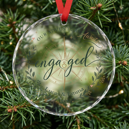 Personalized Our Adventure Awaits Engaged Compass Round Glass Ornament