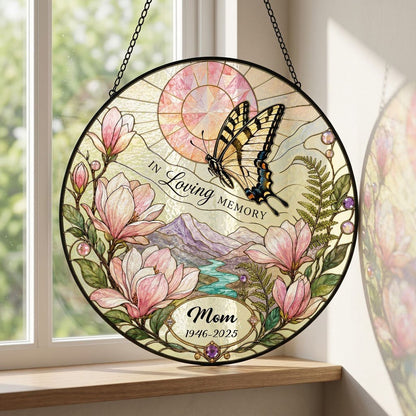 Personalized Butterfly Magnolia Sunset Landscape In Loving Memory Stained Glass Round Suncatcher