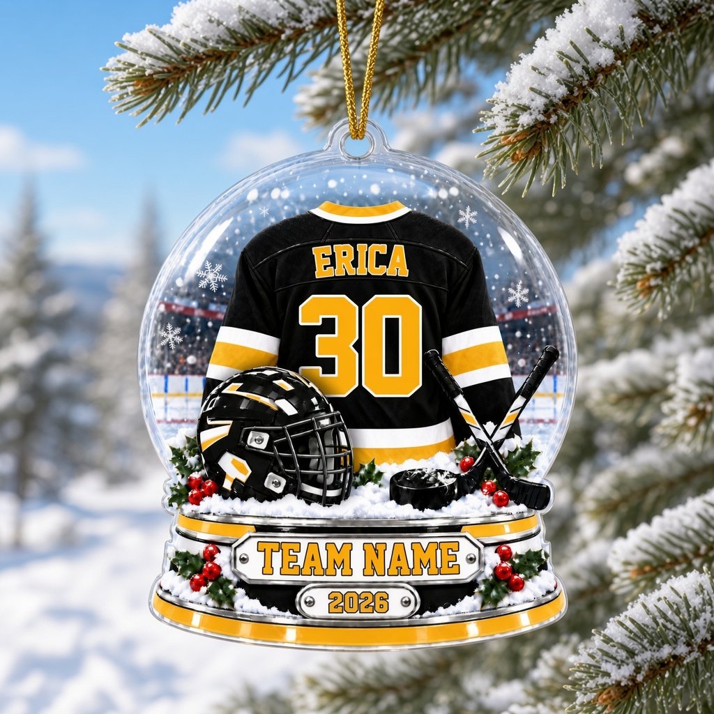 Snow globe acrylic ornament with black and gold hockey jersey, crossed sticks, puck, holly and a year plaque.
