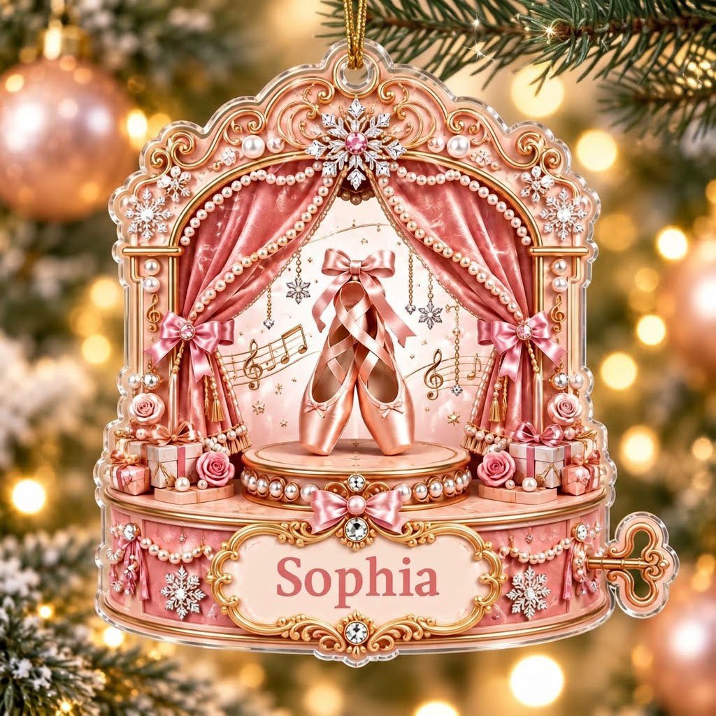 Pink ballet music box ornament with pointe shoes, velvet curtains, pearls, snowflakes, and a name plaque.
