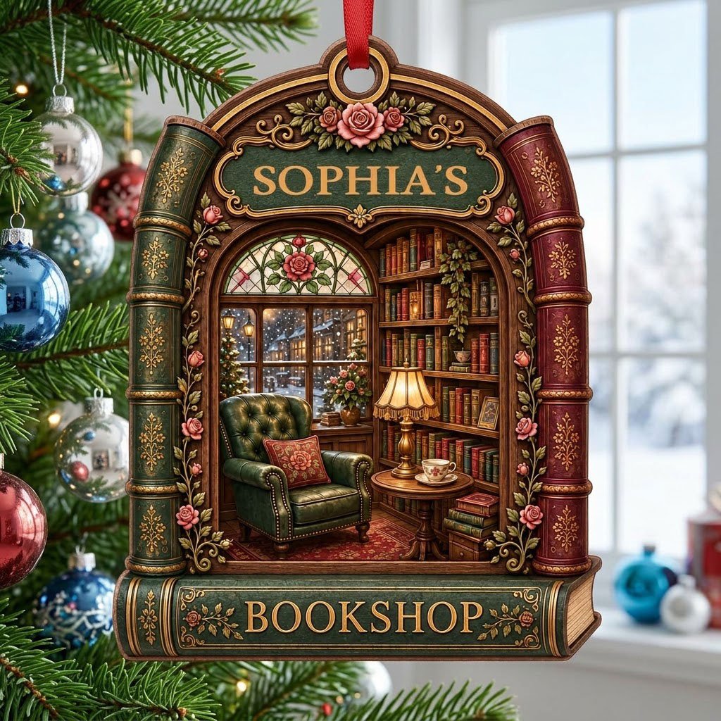 Arch-shaped wood ornament framed by book spines with BOOKSHOP and a cozy library scene with lamp and armchair.
