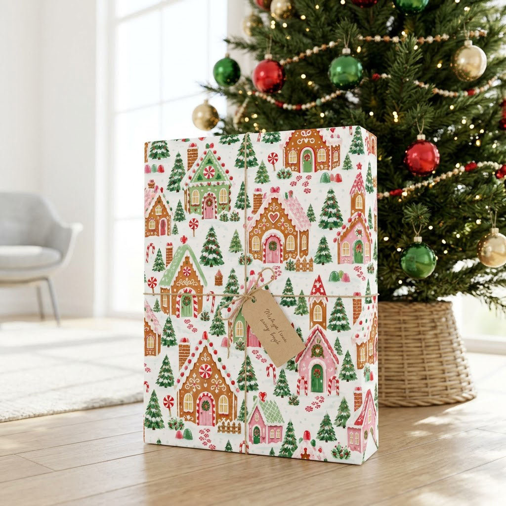 Watercolor gingerbread houses, candy canes, lollipops, pine trees and hearts on snowy white wrapping paper.