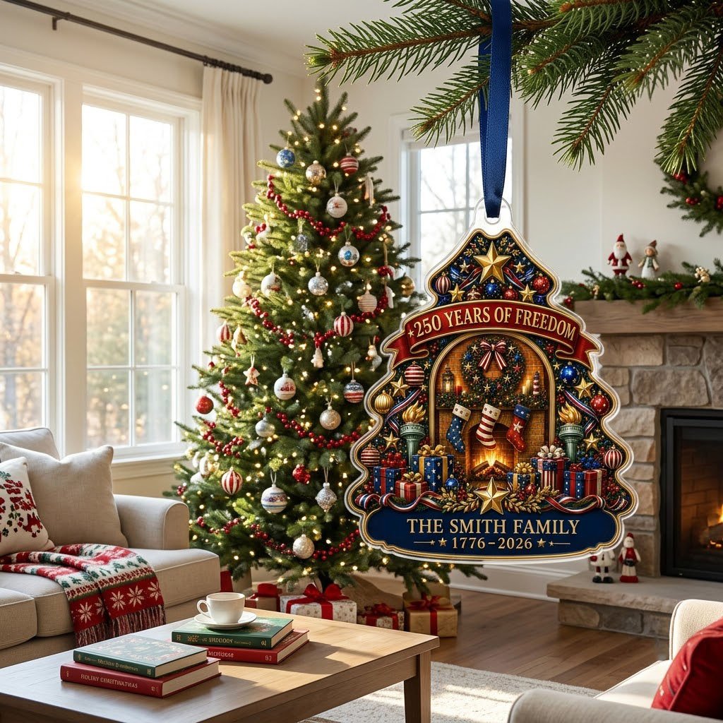Personalized America 250th Tree Fireplace Acrylic Ornament, Custom Patriotic Holiday Keepsake