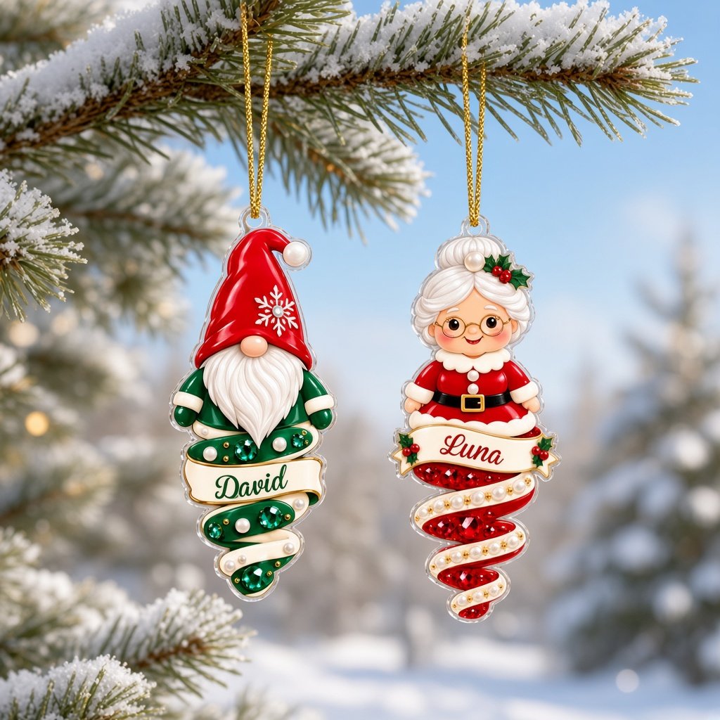 Custom-cut acrylic ornament with polar bear or Mrs. Claus atop a jeweled spiral ribbon and a name scroll banner.