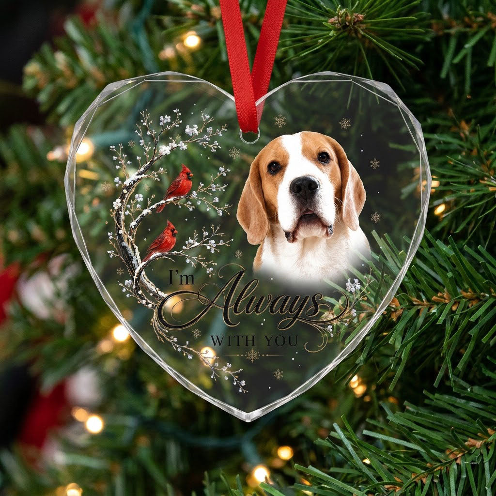 Personalized Dog Memorial Photo I'm Always With You Red Cardinals Heart Glass Ornament