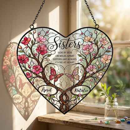 Personalized Sisters Side by Side Heart Stained Glass Suncatcher with Blossoms & Butterflies