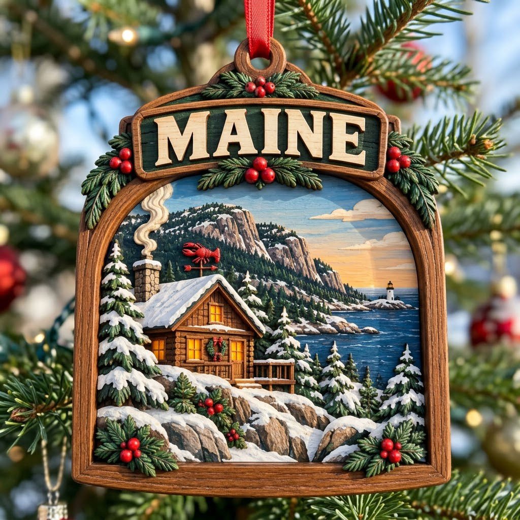 Arch-shaped wood ornament with "MAINE", snowy log cabin, pine trees, ocean lighthouse, and holly accents.