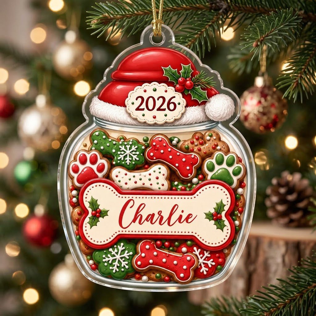 Custom-cut acrylic ornament shaped like a cookie jar with Santa hat, dog bone name plaque, and 2026 year badge.