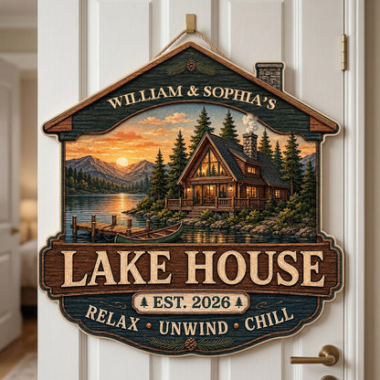 Personalized Lake House Cabin Roof Sunset Wooden Hanging Sign