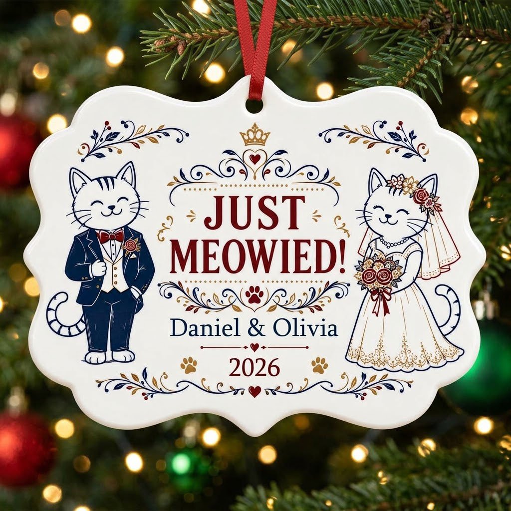 Medallion ceramic ornament with cat bride and groom, gold crown, floral scrolls, red hearts and paw prints on white.