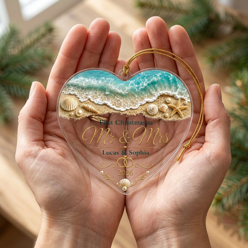 Personalized Beach Ocean First Christmas as Mr & Mrs Heart Acrylic Ornament, Custom Destination Wedding Keepsake
