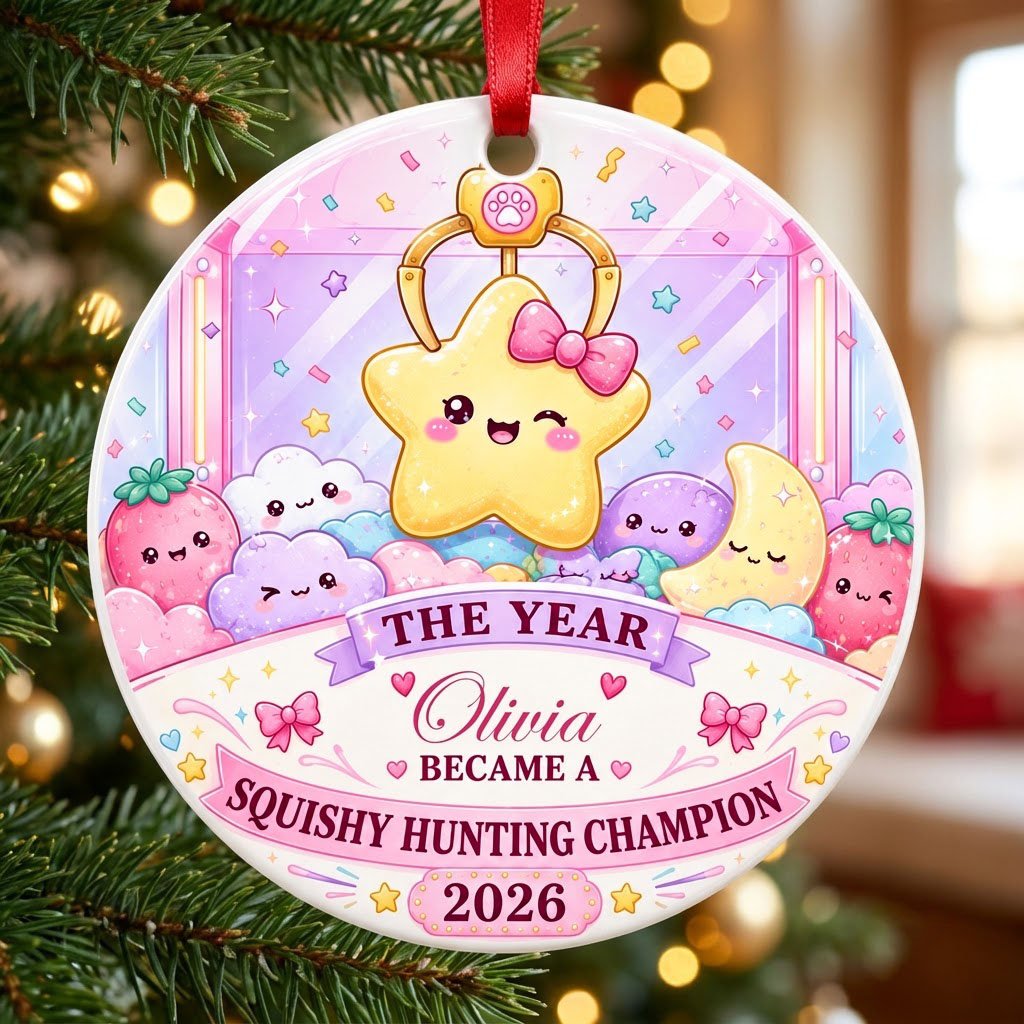 Round ceramic ornament with a claw machine and winking star, personalized with a name and year in pastel colors.