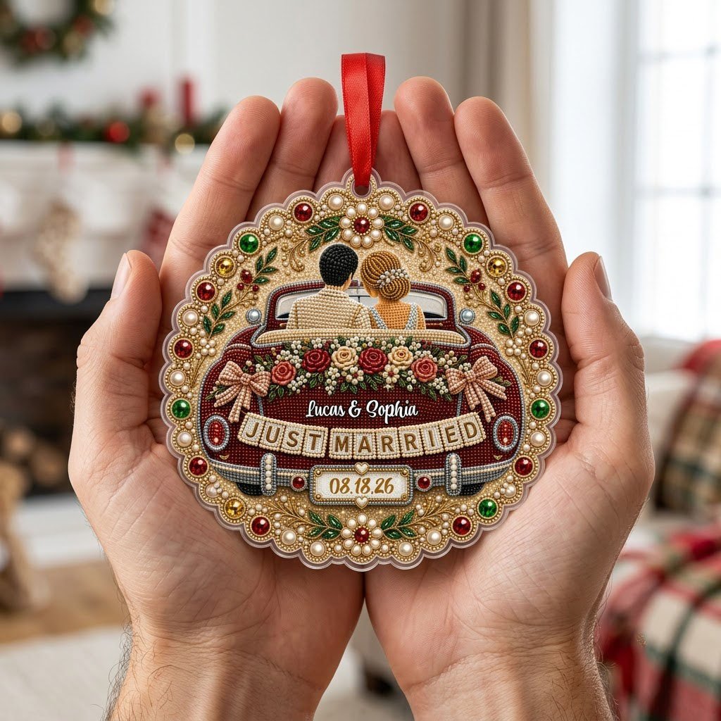 Personalized Just Married Vintage Car Scalloped Round Acrylic Ornament