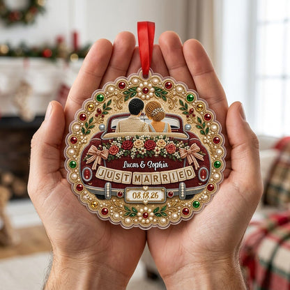 Personalized Just Married Vintage Car Scalloped Round Acrylic Ornament