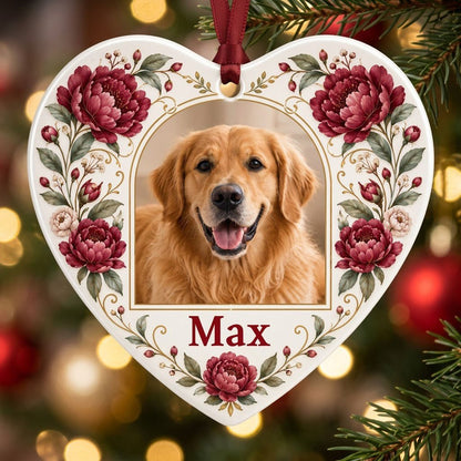Heart ceramic ornament with red peonies, green leaves, gold flourishes, and a gold arched frame holding a dog photo.
