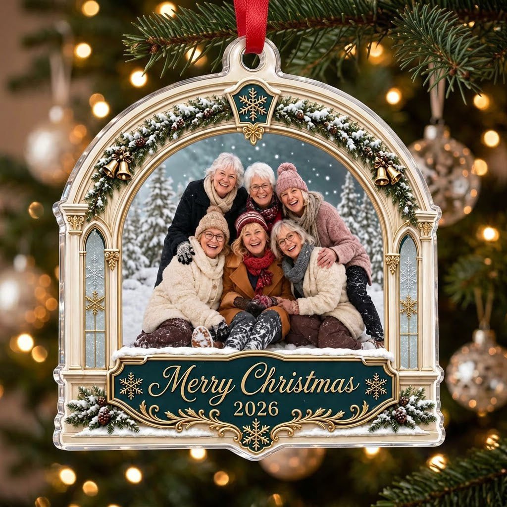 Arch acrylic ornament with pine, gold bells, Merry Christmas text, plus a photo and year on a green banner.