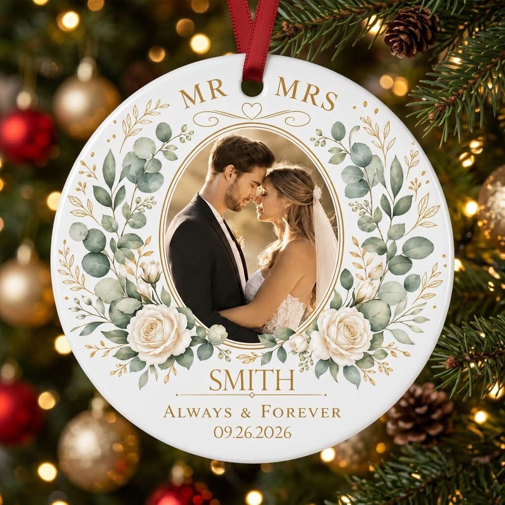Round ceramic ornament with eucalyptus and white rose wreath, gold accents, MR MRS ALWAYS & FOREVER, photo, surname, and