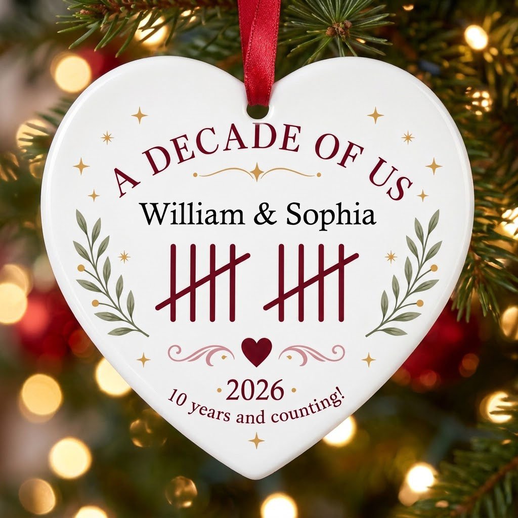 Heart ceramic ornament with 'A Decade of Us', • 2026 •, tally marks, green branches, gold stars, and couple names.
