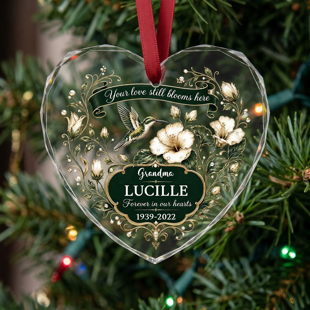 Personalized Hummingbird Memorial Your Love Still Blooms Here Emerald Banner Heart Glass Ornament